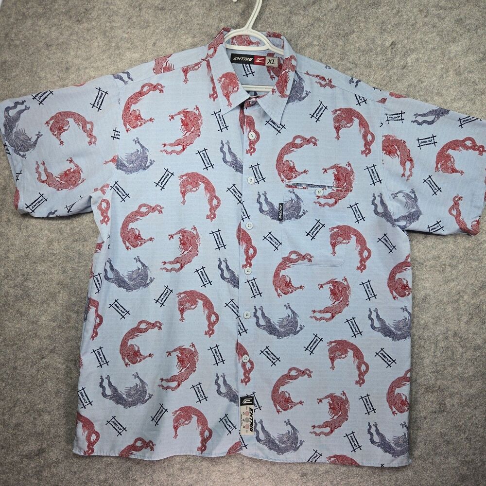 Vintage ENTRIG Dragons Asian Short Sleeve Button Front Casual Shirt Men's XL Y2K